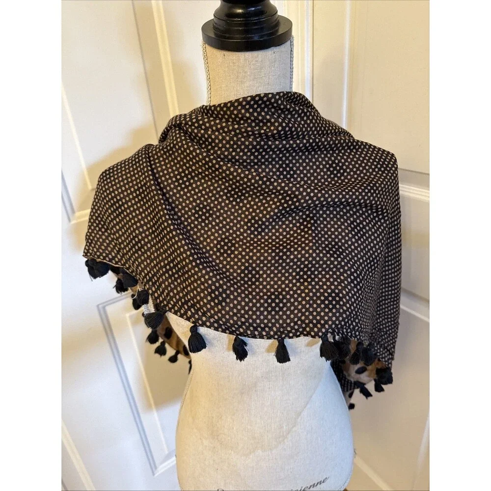 POLKADOT INFINITY SCARF unbranded Black And Brown Polka Dot Scarf With Tassels